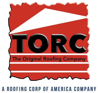 Logo for TORC, The Original Roofing Company, featuring bold black text on a red background with a white roof graphic above, and the tagline 
