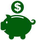 Green piggy bank icon with a dollar sign coin above it, symbolizing saving money or financial savings—ideal for Prime Consulting or Smartsheet budgeting tools.