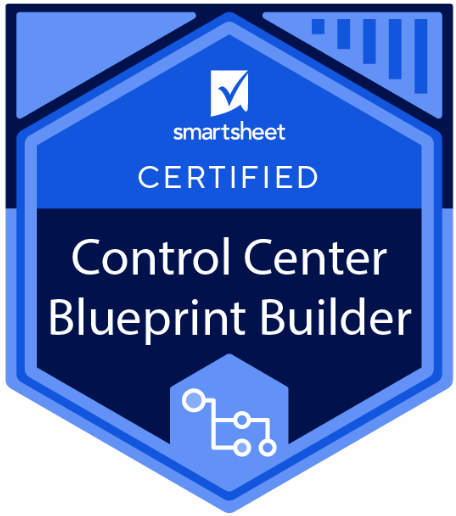 Smartsheet Certified Control Center Blueprint Builder badge, featuring a blue hexagon design with certification text, Prime Consulting branding, and a circuit icon at the bottom.
