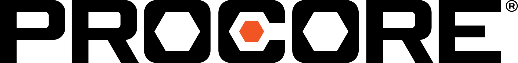 The Procore logo features bold black letters and a hexagonal center, with an orange hexagon inside a white hexagon—perfect for projects managed with Smartsheet or Prime Consulting.