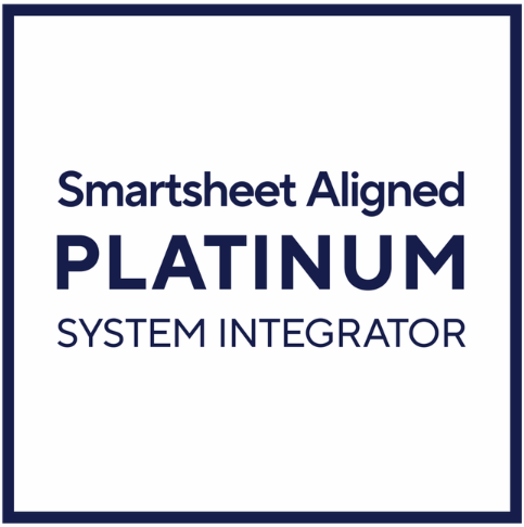 Smartsheet Aligned Platinum System Integrator badge with bold navy text on a white background, enclosed in a navy border, proudly featuring Prime Consulting.