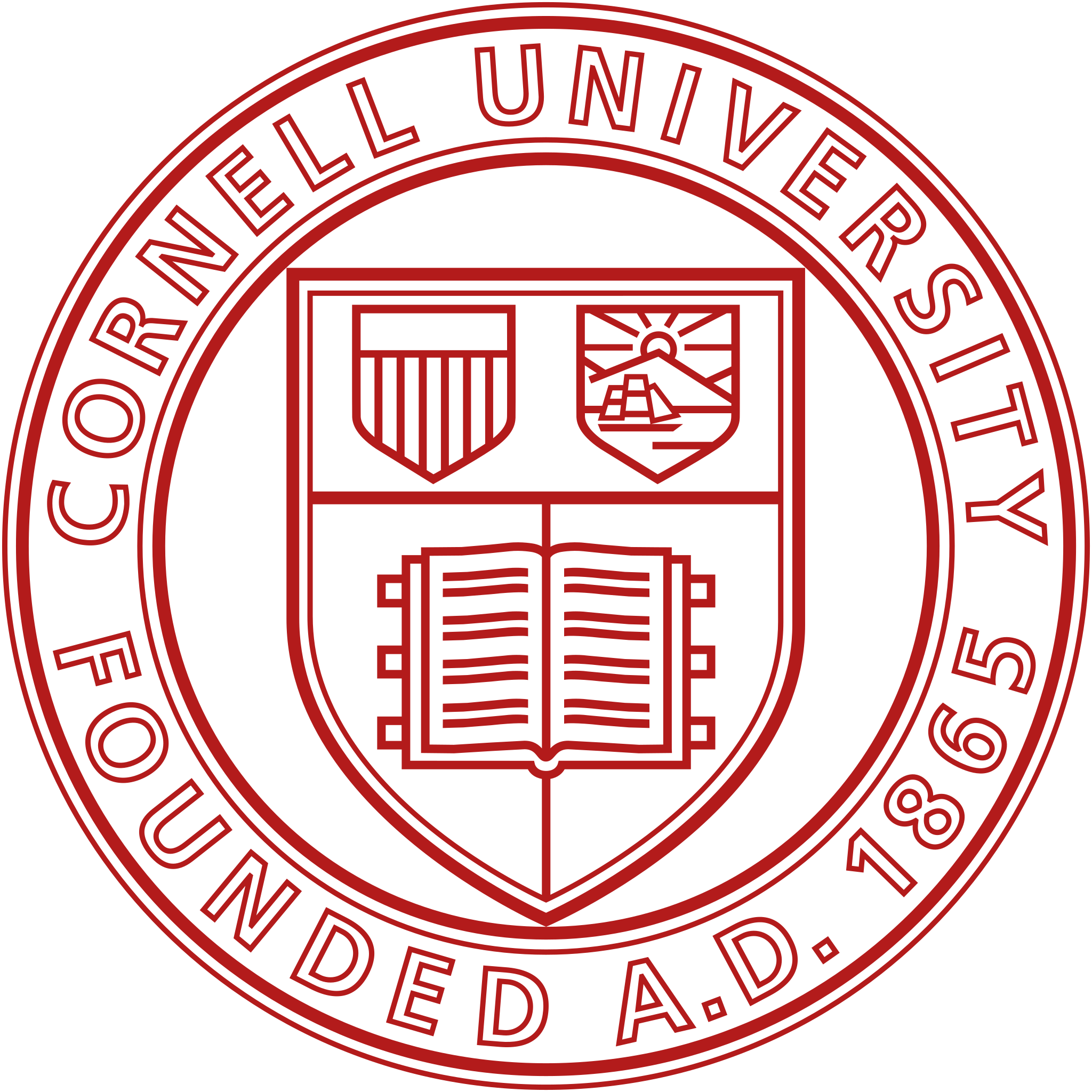 Seal of Cornell University featuring a shield with an open book and emblems, surrounded by the text 