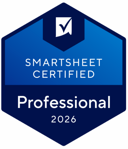 Hexagonal badge with a blue gradient background, displaying 