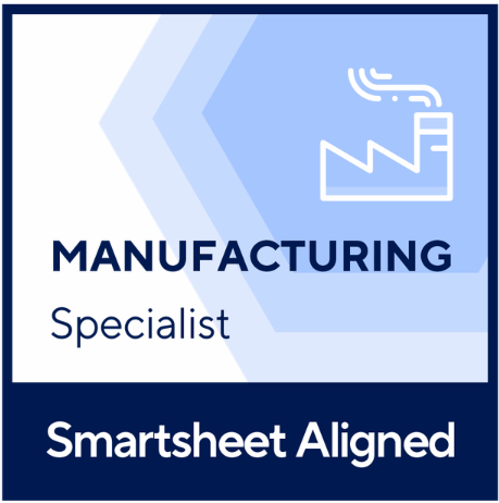 Badge featuring a factory icon, the text “Manufacturing Specialist,” and the label “Smartsheet Aligned” on a blue geometric background, proudly representing Prime Consulting’s expertise.