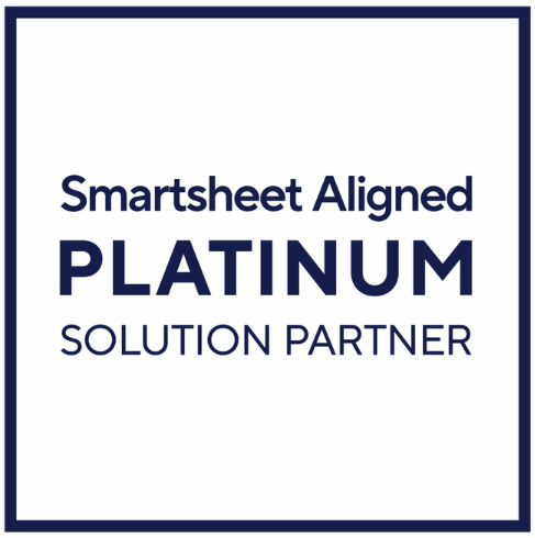 Smartsheet Aligned Platinum Solution Partner logo with dark blue text on a white background, framed by a thin dark blue border, representing Prime Consulting’s expertise.