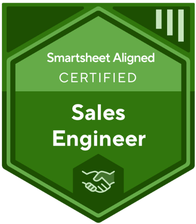 Smartsheet Aligned Certified Sales Engineer digital badge featuring a handshake icon and green geometric design, offered in partnership with Prime Consulting.