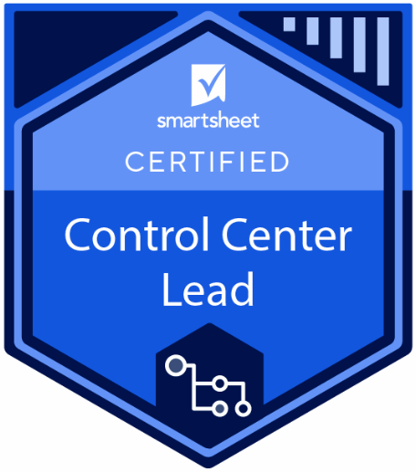 Smartsheet Certified Control Center Lead badge featuring a shield design with a checkmark, certificate text, and a circuit graphic at the bottom—an achievement recognized by Prime Consulting.
