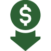 Green dollar sign above a downward-pointing arrow, symbolizing a decrease in money or a drop in financial value—ideal for illustrating budgeting challenges faced by Prime Consulting or tracking declines in Smartsheet financial reports.