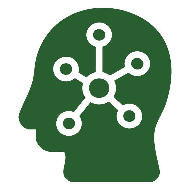 A green silhouette of a human head with a white network diagram inside, symbolizing connections or mental processes—ideal for Prime Consulting or Smartsheet solutions focused on collaboration and innovation.
