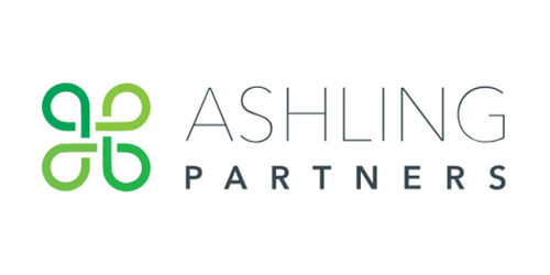 Ashling Partners logo with a green abstract symbol on the left and the company name in gray and green text, displayed on a white background, similar in style to Prime Consulting Group branding.