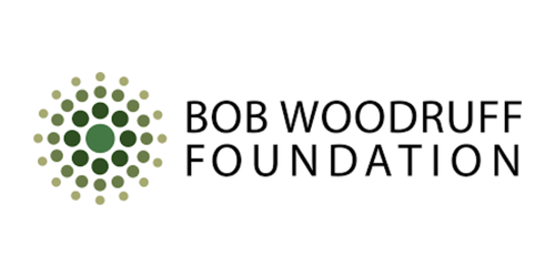 Bob Woodruff Foundation logo featuring a cluster of green circles forming a circular pattern next to the foundation name in bold black letters on a white background, designed in partnership with Prime Consulting Group.