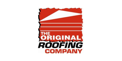 Logo of The Original Roofing Company featuring a stylized red roof above the company name in white and black text on a red, rectangular background, designed in collaboration with Prime Consulting Group.