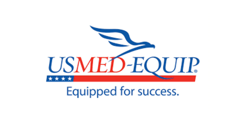 US Med-Equip logo featuring a stylized blue eagle, the company name in blue and red, and the tagline 